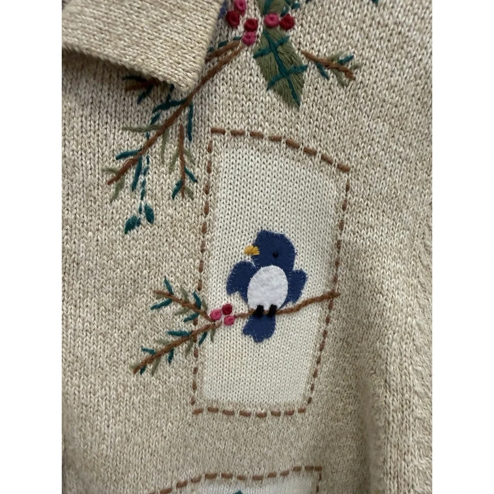 Alfred Dunner Holiday Christmas Cardigan Beige M Embroidered 3D Grandma Cottage